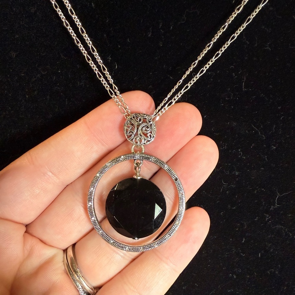 Etienne Aigner Silver Tone Double Chain Pendant Necklace – Black Stone - Picture 2 of 10